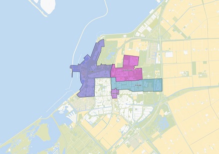 Kaart met wijken waar de opkoopbescherming geldt: Kustwijk, Zuiderzeewijk, Atolwijk en Stadshart
